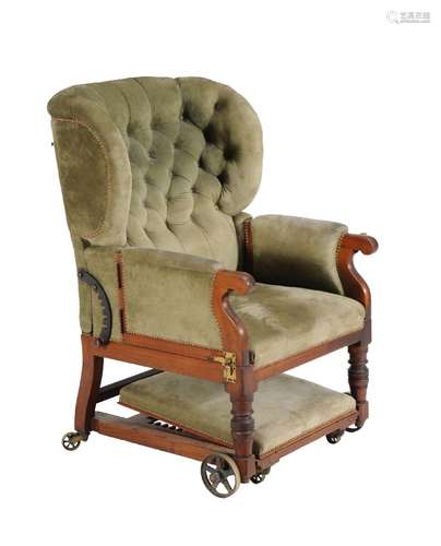 A Victorian walnut and upholstered metamorphic library or invalid armchair