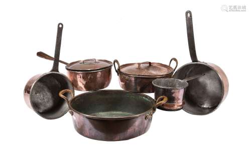 Six various brass and iron mounted copper cooking vessels