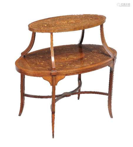 A mahogany and marquetry inlaid two tier etagere