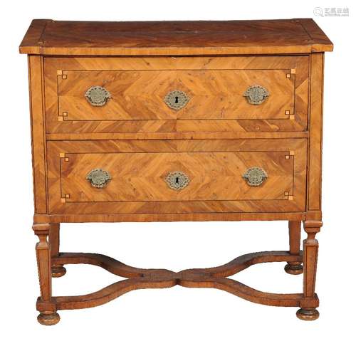 A Continental burr yew and parquetry chest of drawers or commode