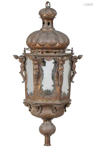 An Italian repousse sheet metal and glazed hexagonal pole lantern in Baroque taste