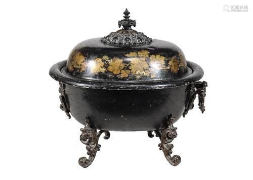 A Regency or George IV black japanned toleware coalbox