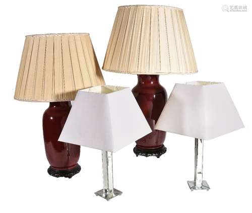 A pair of Chinese sang de boeuf glazed table lamps