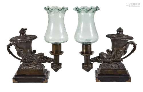 A pair of George IV patinated bronze colza oil table lamps in the form of antique rhytons
