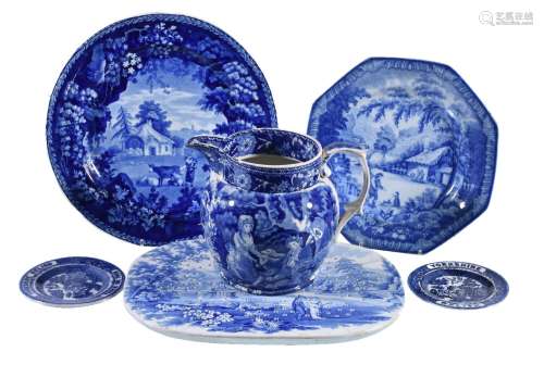 A selection of blue and white printed pottery including items of Yorkshire interest