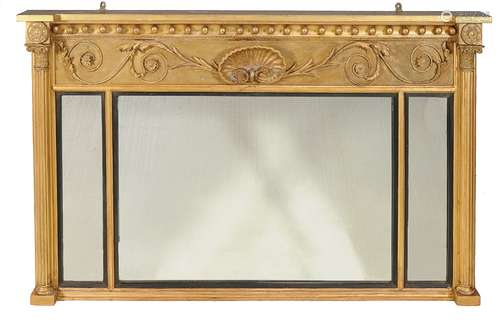 A Regency giltwood and composition triptych overmantel mirror