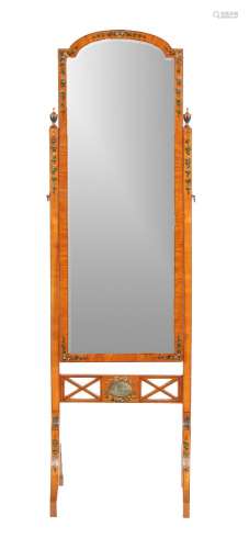 An Sheraton Revival satinwood and polychrome painted cheval mirror