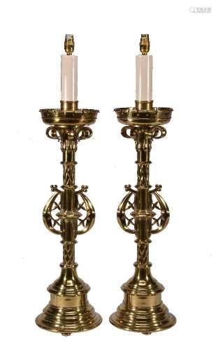 A pair of substantial Victorian gilt brass table lamps