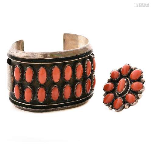 *Native American Coral, Sterling Silver Jewelry Suite.