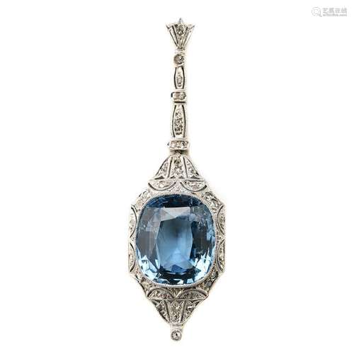 Blue Spinel, Diamond, 14k White Gold Pendant.