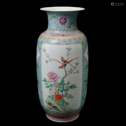 Large Famille Rose 'Bird and Flower' Vase