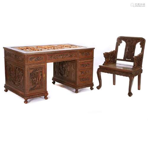 Carved Teak Desk and Chair