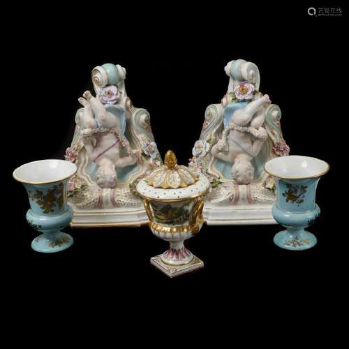 Pair of Dresden Shelves, Pair of Urns, Lidded Urn