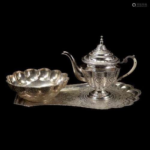 Iranian Sterling Silver Teapot, Bowl, and Undertray