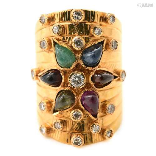 Diamond, Multi-Stone, 18k Yellow Gold Ring.