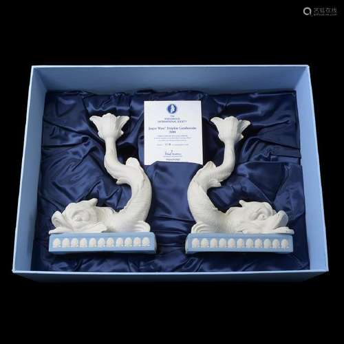 Pair of Wedgwood Jasperware Dolphin Candlesticks