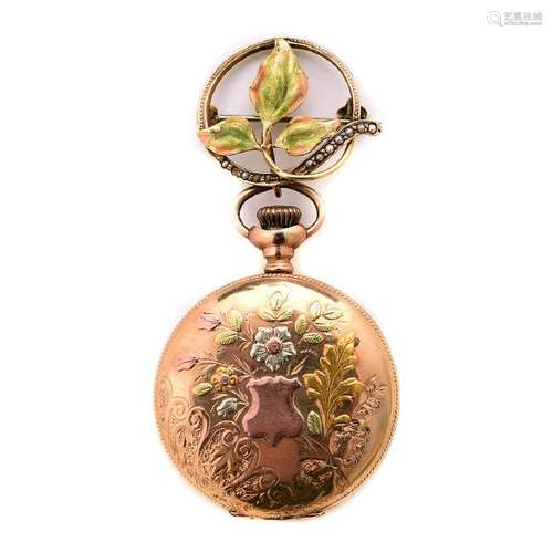 Waltham 14k Gold Pocket Watch with Enamel Lapel Pin.