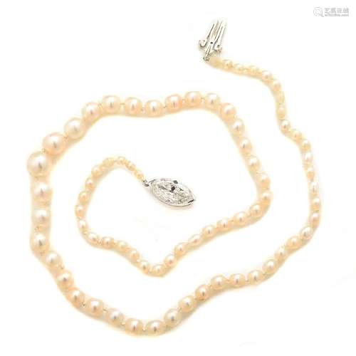 Diamond, Cultured Pearl, Platinum Necklace.