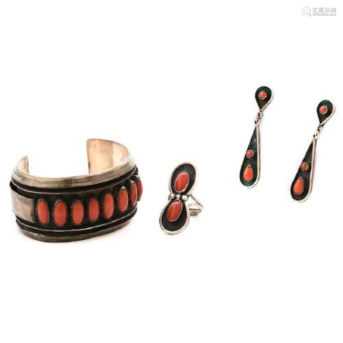 *Native American Coral, Sterling Silver Jewelry Suite.