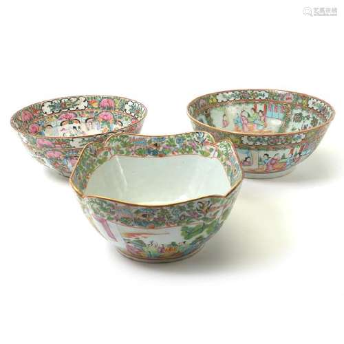 Three Canton Rose Medallion Punch Bowls