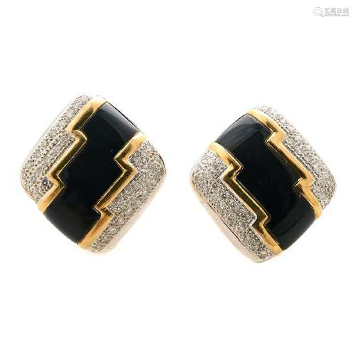 Pair of Black Onyx, Diamond, 18k Gold Earrings.