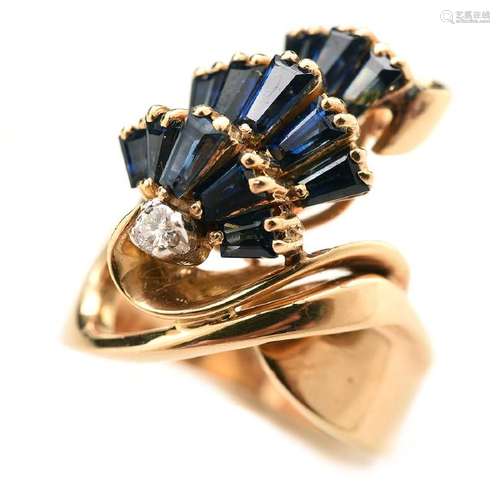 Retro Diamond, Sapphire, 14k Yellow Gold Ring.