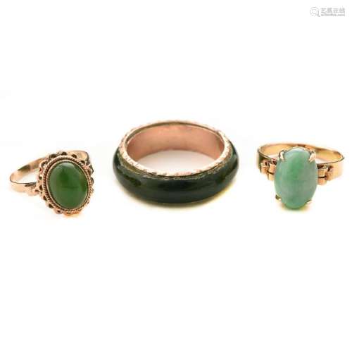 Collection of Three Jade, 14k Yellow Gold Rings.