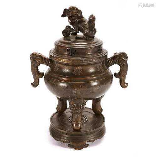 Large Silver Inlaid Bronze Censer and Cover, 19th C