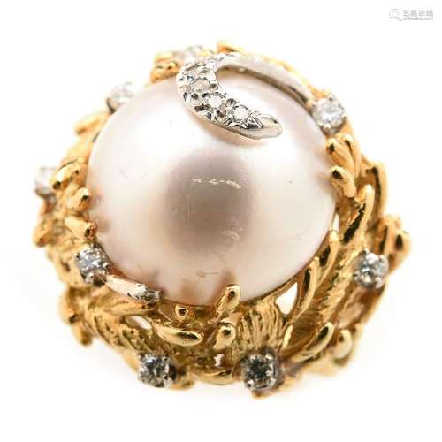 Mabe Cultured Pearl, Diamond, 18k Yellow Gold Ring.