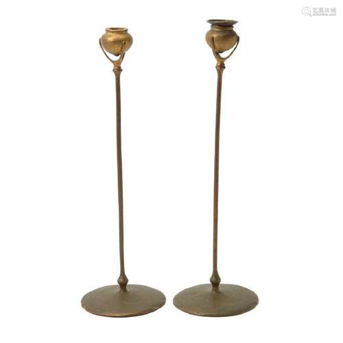 Pair of Tiffany Studios Gilt Bronze Candlesticks