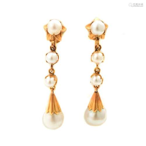 Pair of Cultured Pearl, 18k Yellow Gold Earrings.