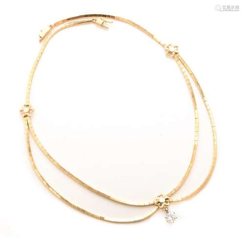 Diamond, 18k Yellow Gold, Platinum Necklace.