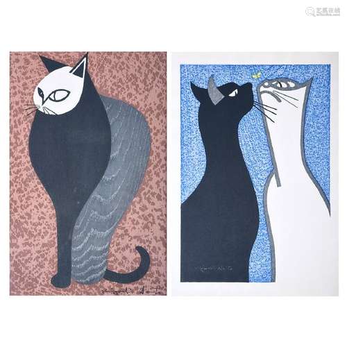 Kiyoshi Saito (1907-1997): Two Woodblocks of Cats