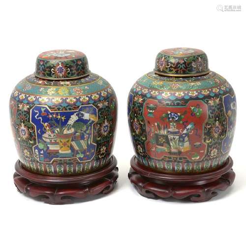 Pair of Cloisonne Enamel Lidded Jars