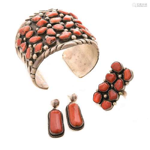 *Native American Coral, Sterling Silver Jewelry Suite.