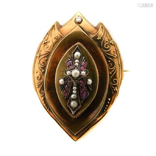 Victorian Pearl, Diamond, Ruby, 14k Yellow Gold Brooch.