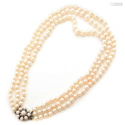 Cultured Pearl, Diamond, 14k White Gold Necklace.