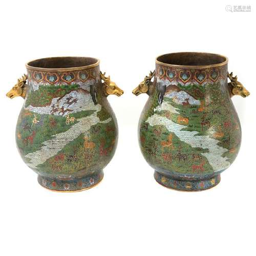 Pair of Cloisonne Enamel Hu Vases