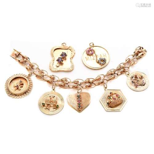 Multi-Stone, 14k Yellow Gold Charm Bracelet.