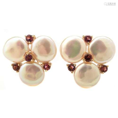 Pair of Cultured Pearl, Tourmaline, 14k Yellow Gold