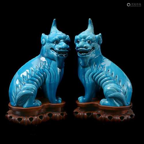 Pair of Turquoise Glazed Mythical Beasts, Late 19th C