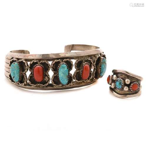 *Native American Turquoise, Coral, Sterling Silver