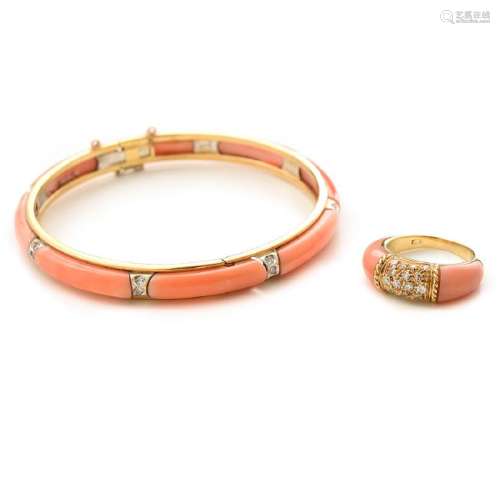 *Coral, Diamond, 18k Yellow Gold Jewelry Suite.