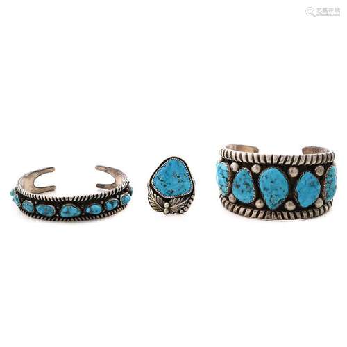 Collection of Three Native American Navajo Turquoise,