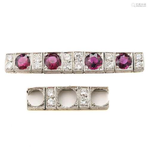 Ruby, Diamond, Platinum Bar Brooch.