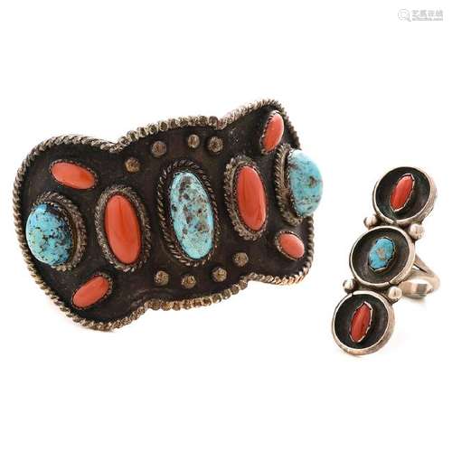 *Native American Turquoise, Coral, Sterling Silver