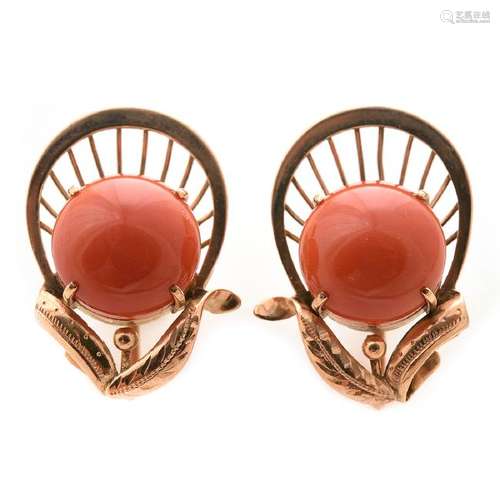 *Pair of Coral, 14k Rose Gold Earrings.