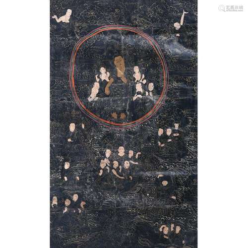 Tibetan Black Ground Thangka of Shakyamuni