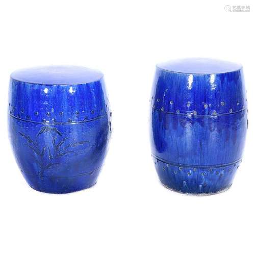 Two of Blue Glazed Ceramic Garden Stools