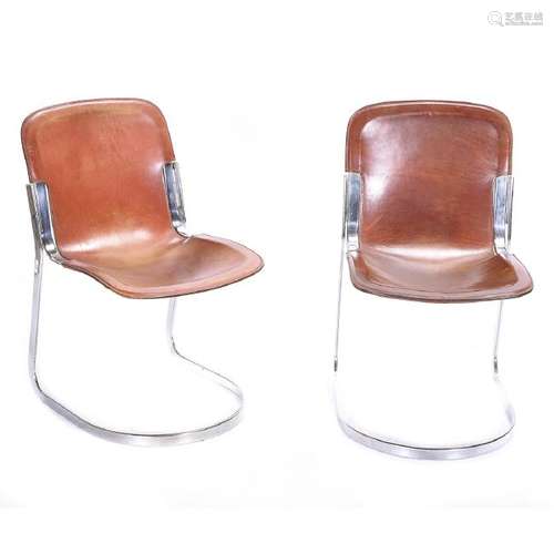 Pair of Contemporary Chrome and Tan Leather Side Chairs